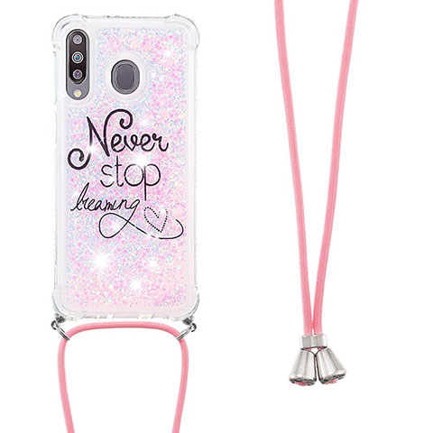 Funda Silicona Carcasa Goma Bling-Bling con Acollador Cordon Lanyard S02 para Samsung Galaxy A40s Rosa