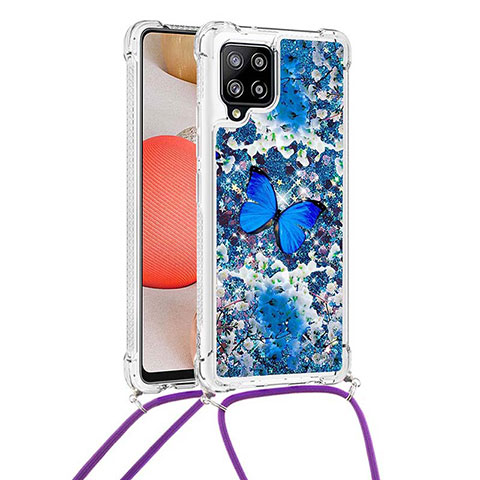 Funda Silicona Carcasa Goma Bling-Bling con Acollador Cordon Lanyard S02 para Samsung Galaxy A42 5G Azul