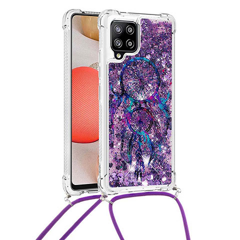 Funda Silicona Carcasa Goma Bling-Bling con Acollador Cordon Lanyard S02 para Samsung Galaxy A42 5G Morado