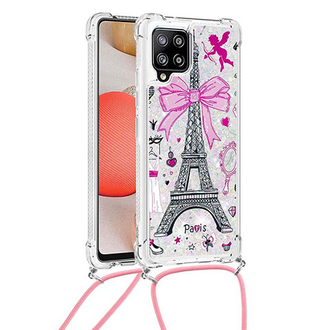 Funda Silicona Carcasa Goma Bling-Bling con Acollador Cordon Lanyard S02 para Samsung Galaxy A42 5G Rosa