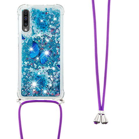 Funda Silicona Carcasa Goma Bling-Bling con Acollador Cordon Lanyard S02 para Samsung Galaxy A50 Azul