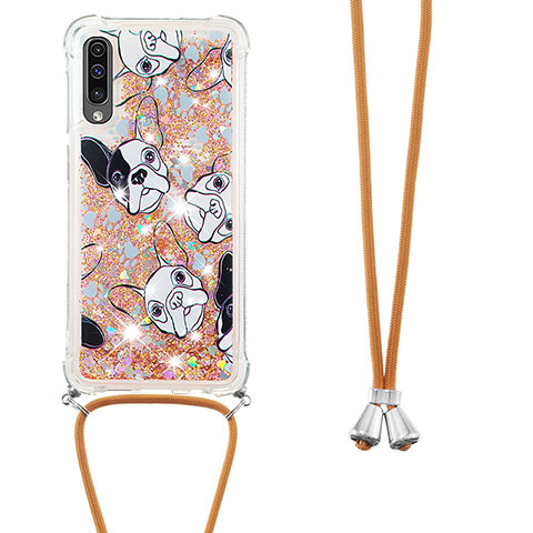 Funda Silicona Carcasa Goma Bling-Bling con Acollador Cordon Lanyard S02 para Samsung Galaxy A50 Oro