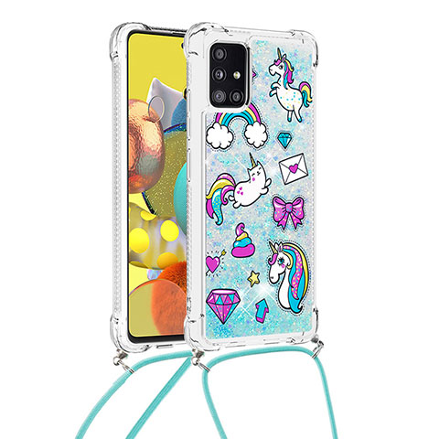 Funda Silicona Carcasa Goma Bling-Bling con Acollador Cordon Lanyard S02 para Samsung Galaxy A51 4G Azul Cielo