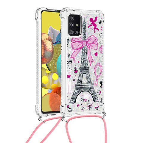 Funda Silicona Carcasa Goma Bling-Bling con Acollador Cordon Lanyard S02 para Samsung Galaxy A51 5G Rosa