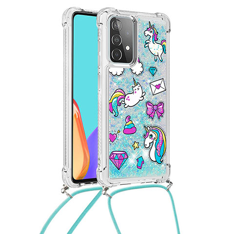 Funda Silicona Carcasa Goma Bling-Bling con Acollador Cordon Lanyard S02 para Samsung Galaxy A52 4G Azul Cielo