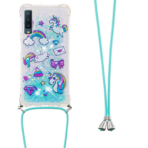 Funda Silicona Carcasa Goma Bling-Bling con Acollador Cordon Lanyard S02 para Samsung Galaxy A7 (2018) A750 Azul Cielo