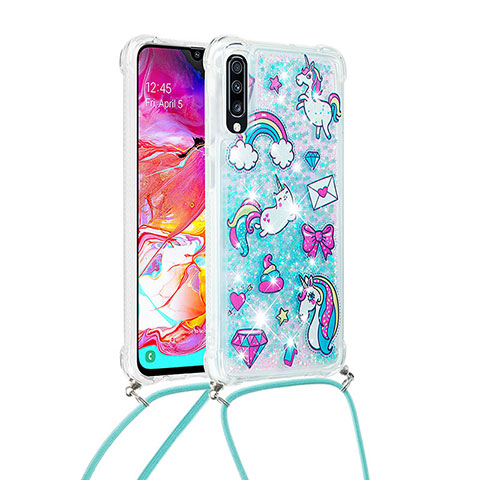 Funda Silicona Carcasa Goma Bling-Bling con Acollador Cordon Lanyard S02 para Samsung Galaxy A70 Azul Cielo