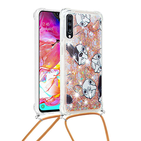 Funda Silicona Carcasa Goma Bling-Bling con Acollador Cordon Lanyard S02 para Samsung Galaxy A70S Oro