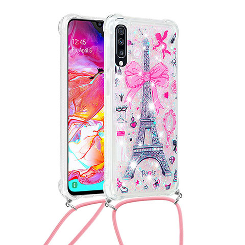 Funda Silicona Carcasa Goma Bling-Bling con Acollador Cordon Lanyard S02 para Samsung Galaxy A70S Rosa