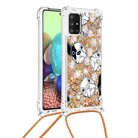 Funda Silicona Carcasa Goma Bling-Bling con Acollador Cordon Lanyard S02 para Samsung Galaxy A71 4G A715 Oro