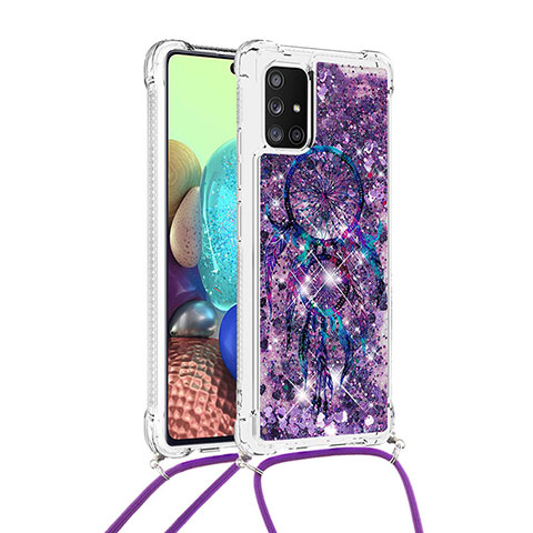 Funda Silicona Carcasa Goma Bling-Bling con Acollador Cordon Lanyard S02 para Samsung Galaxy A71 5G Morado