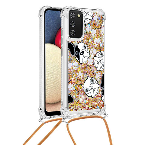 Funda Silicona Carcasa Goma Bling-Bling con Acollador Cordon Lanyard S02 para Samsung Galaxy F02S SM-E025F Oro