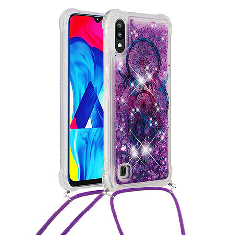 Funda Silicona Carcasa Goma Bling-Bling con Acollador Cordon Lanyard S02 para Samsung Galaxy M10 Morado