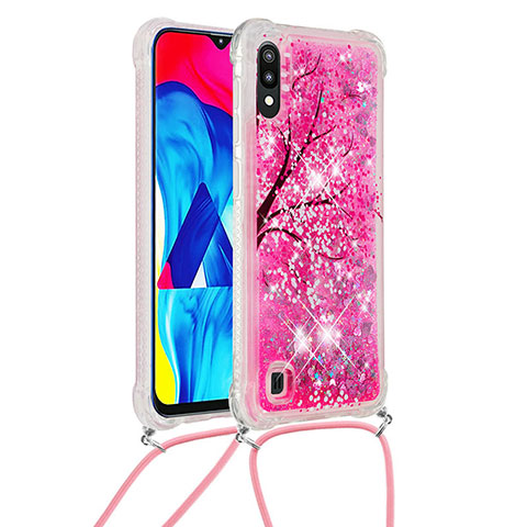 Funda Silicona Carcasa Goma Bling-Bling con Acollador Cordon Lanyard S02 para Samsung Galaxy M10 Rosa Roja