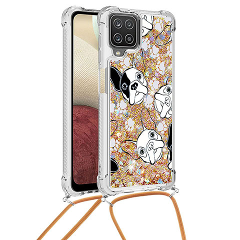 Funda Silicona Carcasa Goma Bling-Bling con Acollador Cordon Lanyard S02 para Samsung Galaxy M12 Oro