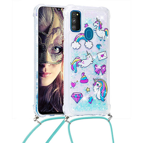 Funda Silicona Carcasa Goma Bling-Bling con Acollador Cordon Lanyard S02 para Samsung Galaxy M21 Azul Cielo