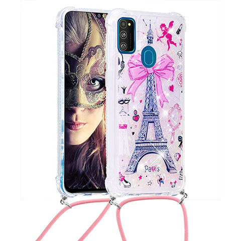 Funda Silicona Carcasa Goma Bling-Bling con Acollador Cordon Lanyard S02 para Samsung Galaxy M21 Rosa