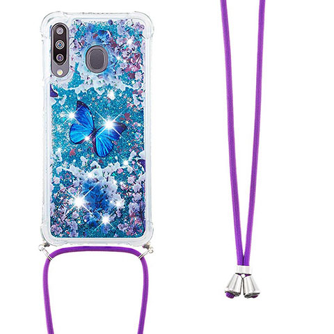 Funda Silicona Carcasa Goma Bling-Bling con Acollador Cordon Lanyard S02 para Samsung Galaxy M30 Azul