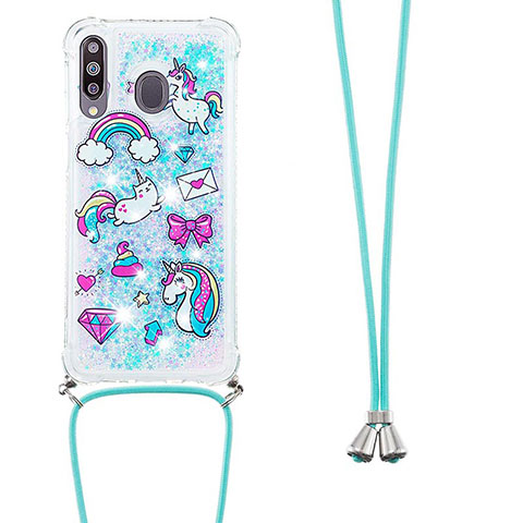 Funda Silicona Carcasa Goma Bling-Bling con Acollador Cordon Lanyard S02 para Samsung Galaxy M30 Azul Cielo