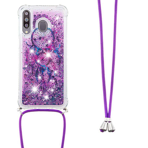 Funda Silicona Carcasa Goma Bling-Bling con Acollador Cordon Lanyard S02 para Samsung Galaxy M30 Morado