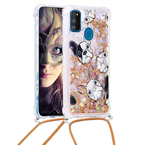 Funda Silicona Carcasa Goma Bling-Bling con Acollador Cordon Lanyard S02 para Samsung Galaxy M30s Oro