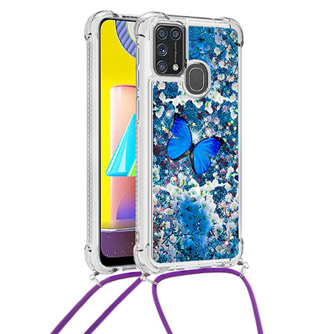 Funda Silicona Carcasa Goma Bling-Bling con Acollador Cordon Lanyard S02 para Samsung Galaxy M31 Azul