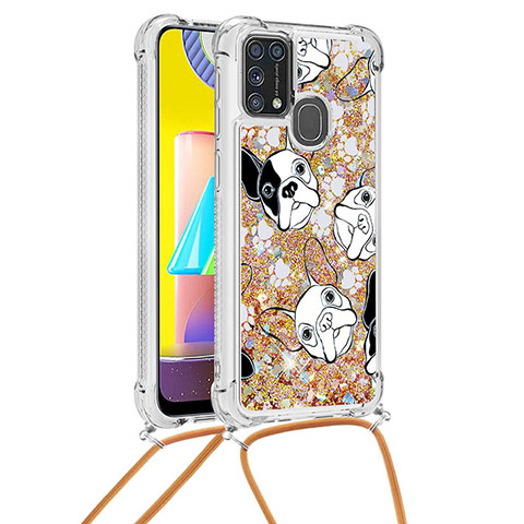 Funda Silicona Carcasa Goma Bling-Bling con Acollador Cordon Lanyard S02 para Samsung Galaxy M31 Oro