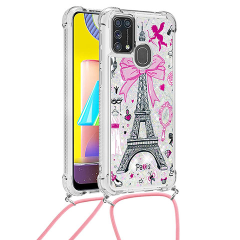 Funda Silicona Carcasa Goma Bling-Bling con Acollador Cordon Lanyard S02 para Samsung Galaxy M31 Prime Edition Rosa