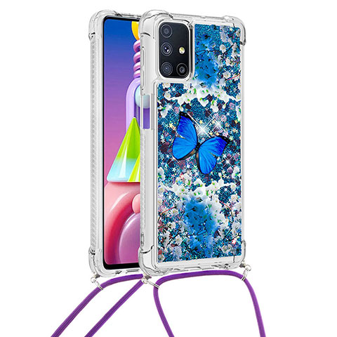 Funda Silicona Carcasa Goma Bling-Bling con Acollador Cordon Lanyard S02 para Samsung Galaxy M51 Azul