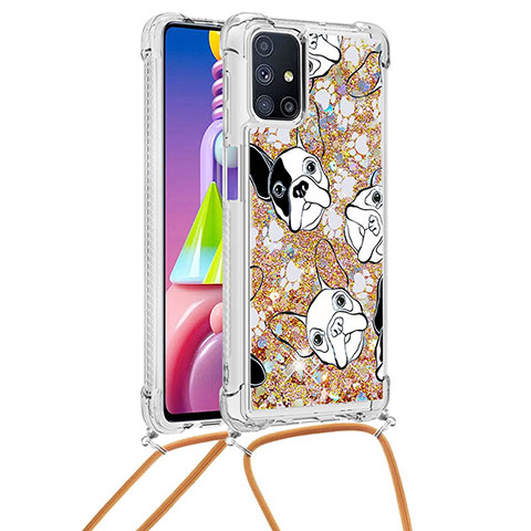 Funda Silicona Carcasa Goma Bling-Bling con Acollador Cordon Lanyard S02 para Samsung Galaxy M51 Oro