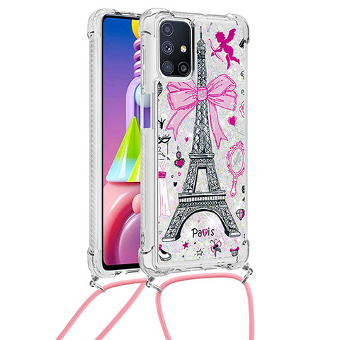 Funda Silicona Carcasa Goma Bling-Bling con Acollador Cordon Lanyard S02 para Samsung Galaxy M51 Rosa