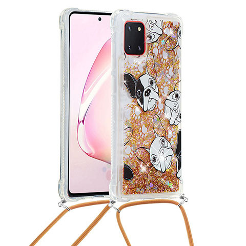 Funda Silicona Carcasa Goma Bling-Bling con Acollador Cordon Lanyard S02 para Samsung Galaxy M60s Oro