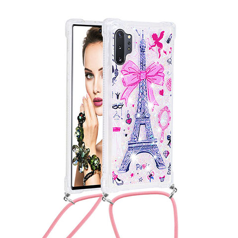 Funda Silicona Carcasa Goma Bling-Bling con Acollador Cordon Lanyard S02 para Samsung Galaxy Note 10 Plus 5G Rosa