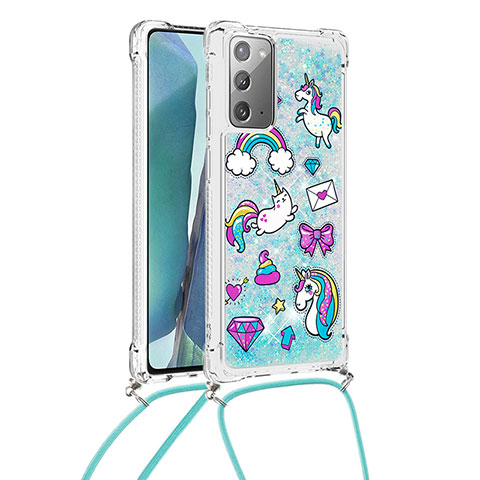 Funda Silicona Carcasa Goma Bling-Bling con Acollador Cordon Lanyard S02 para Samsung Galaxy Note 20 5G Azul Cielo