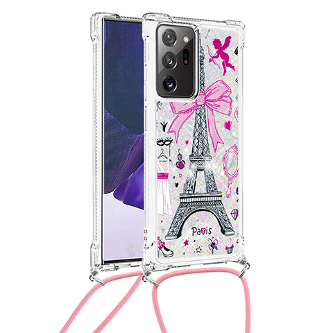 Funda Silicona Carcasa Goma Bling-Bling con Acollador Cordon Lanyard S02 para Samsung Galaxy Note 20 Ultra 5G Rosa