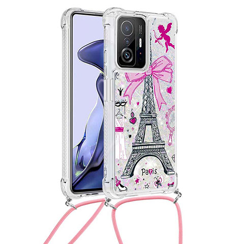 Funda Silicona Carcasa Goma Bling-Bling con Acollador Cordon Lanyard S02 para Xiaomi Mi 11T 5G Rosa