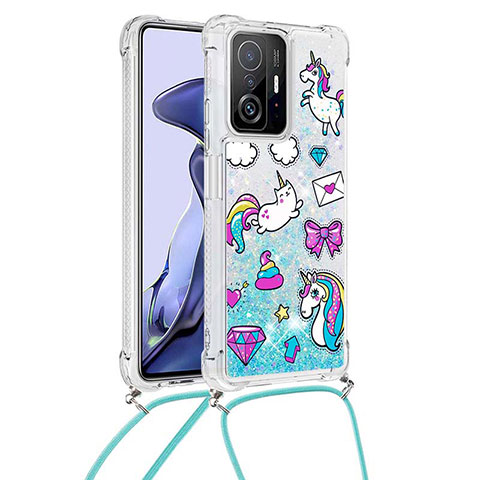 Funda Silicona Carcasa Goma Bling-Bling con Acollador Cordon Lanyard S02 para Xiaomi Mi 11T Pro 5G Azul Cielo