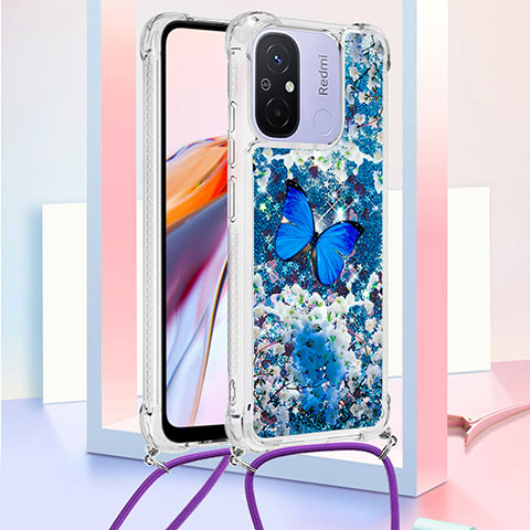 Funda Silicona Carcasa Goma Bling-Bling con Acollador Cordon Lanyard S02 para Xiaomi Poco C55 Azul