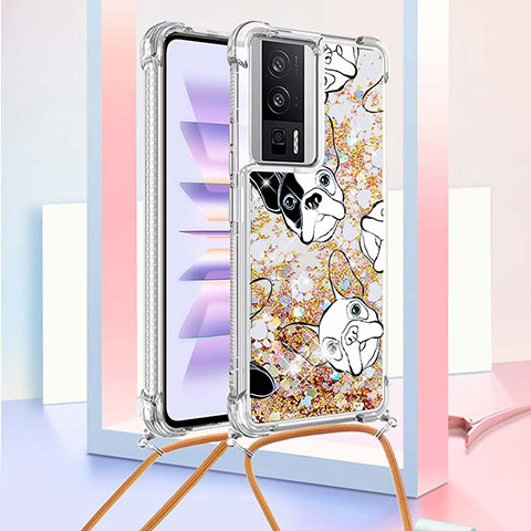 Funda Silicona Carcasa Goma Bling-Bling con Acollador Cordon Lanyard S02 para Xiaomi Poco F5 Pro 5G Oro