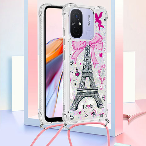 Funda Silicona Carcasa Goma Bling-Bling con Acollador Cordon Lanyard S02 para Xiaomi Redmi 11A 4G Rosa