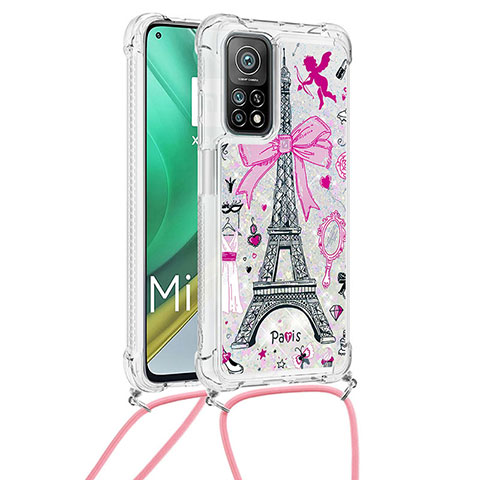 Funda Silicona Carcasa Goma Bling-Bling con Acollador Cordon Lanyard S02 para Xiaomi Redmi K30S 5G Rosa