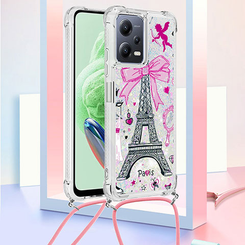 Funda Silicona Carcasa Goma Bling-Bling con Acollador Cordon Lanyard S02 para Xiaomi Redmi Note 12 5G Oro Rosa