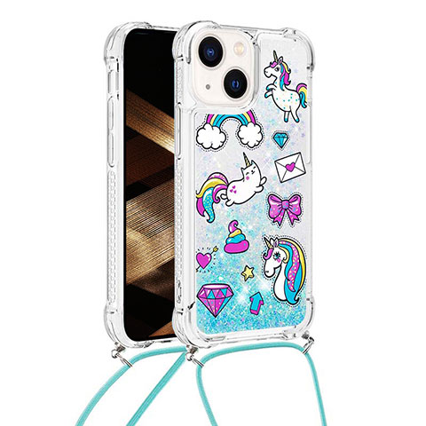 Funda Silicona Carcasa Goma Bling-Bling con Acollador Cordon Lanyard S03 para Apple iPhone 13 Azul Claro