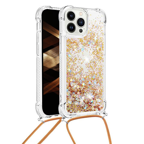 Funda Silicona Carcasa Goma Bling-Bling con Acollador Cordon Lanyard S03 para Apple iPhone 13 Pro Max Oro