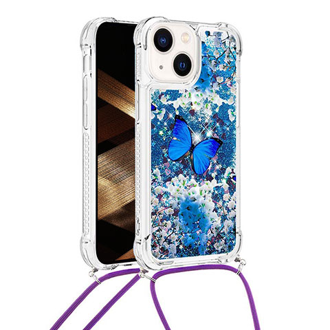 Funda Silicona Carcasa Goma Bling-Bling con Acollador Cordon Lanyard S03 para Apple iPhone 14 Plus Azul