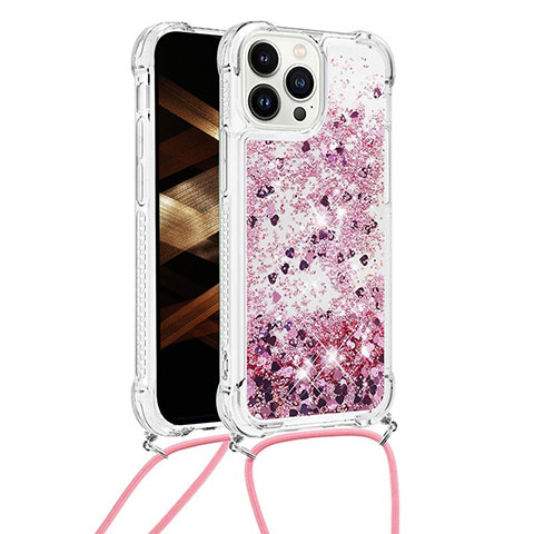 Funda Silicona Carcasa Goma Bling-Bling con Acollador Cordon Lanyard S03 para Apple iPhone 14 Pro Max Purpura Claro