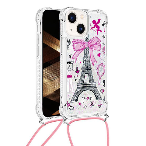 Funda Silicona Carcasa Goma Bling-Bling con Acollador Cordon Lanyard S03 para Apple iPhone 15 Plus Multicolor