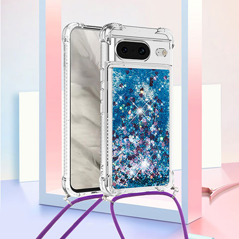 Funda Silicona Carcasa Goma Bling-Bling con Acollador Cordon Lanyard S03 para Google Pixel 8 5G Azul