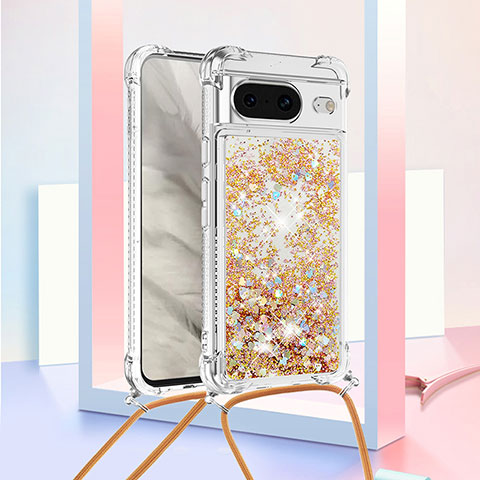 Funda Silicona Carcasa Goma Bling-Bling con Acollador Cordon Lanyard S03 para Google Pixel 8 5G Oro