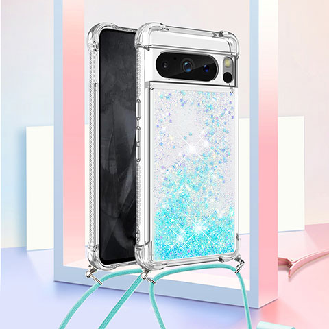 Funda Silicona Carcasa Goma Bling-Bling con Acollador Cordon Lanyard S03 para Google Pixel 8 Pro 5G Azul Cielo